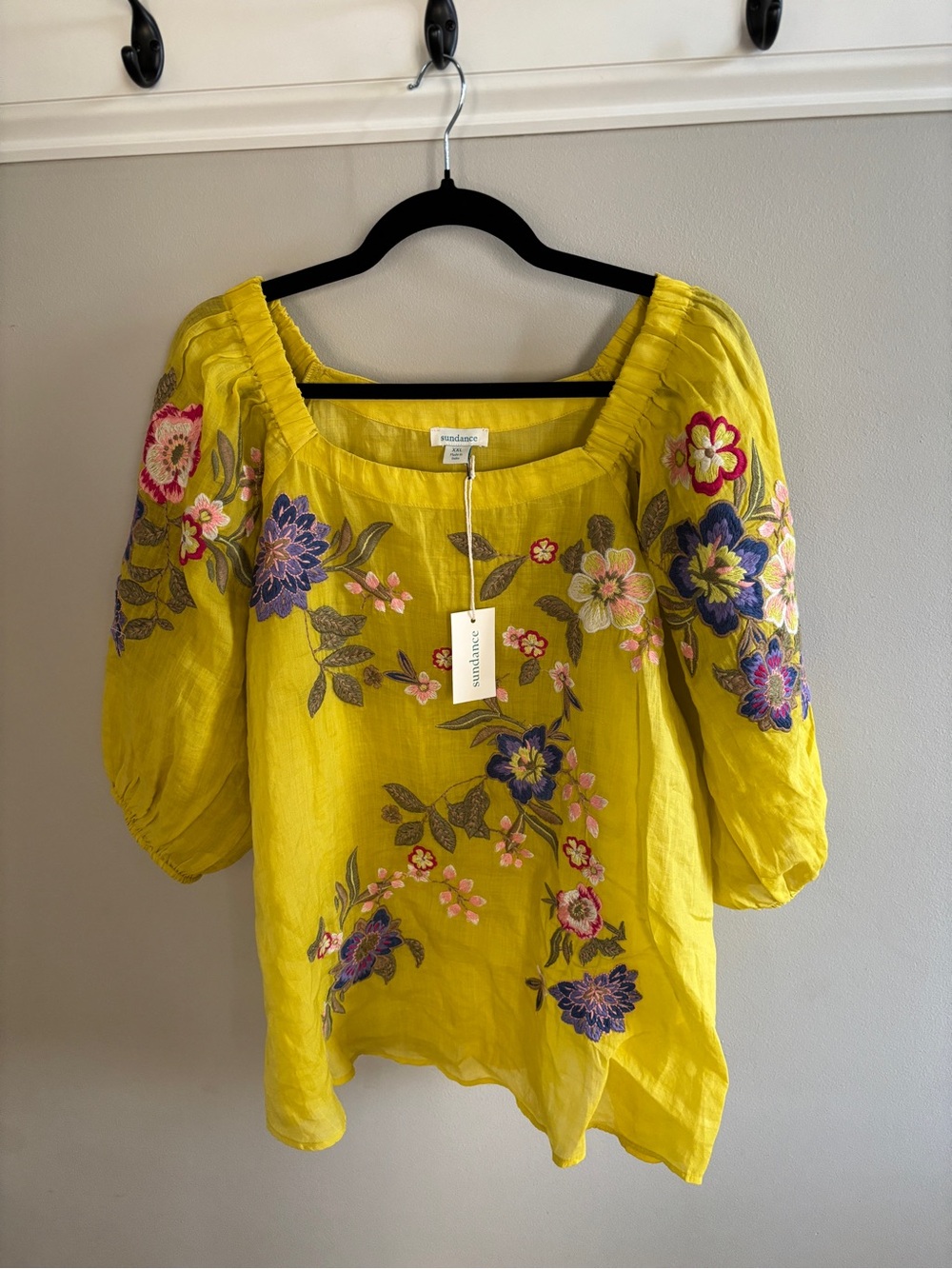Sundance Yellow Linen Embroidered Blouse XXL Floral Boho Peasant Top